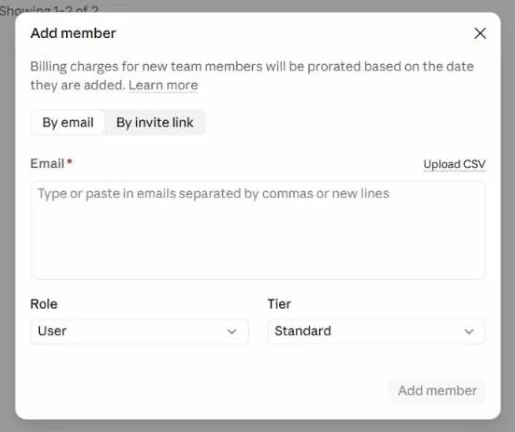 Add member dialog: invite by email or by invite link, paste emails or upload a CSV, then choose role and tier.