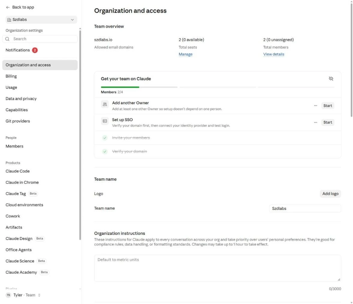 Claude Team admin console, Organization and access page: team overview, a setup checklist, team name and organization instructions.