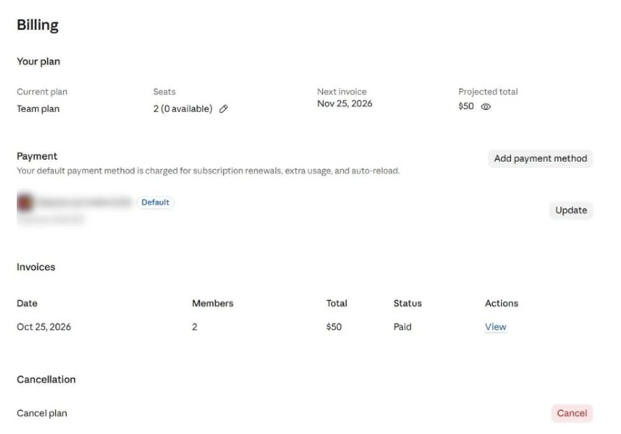 Team billing page: Team plan, 2 seats, next invoice and projected total of $50, a blurred payment card, one paid invoice.