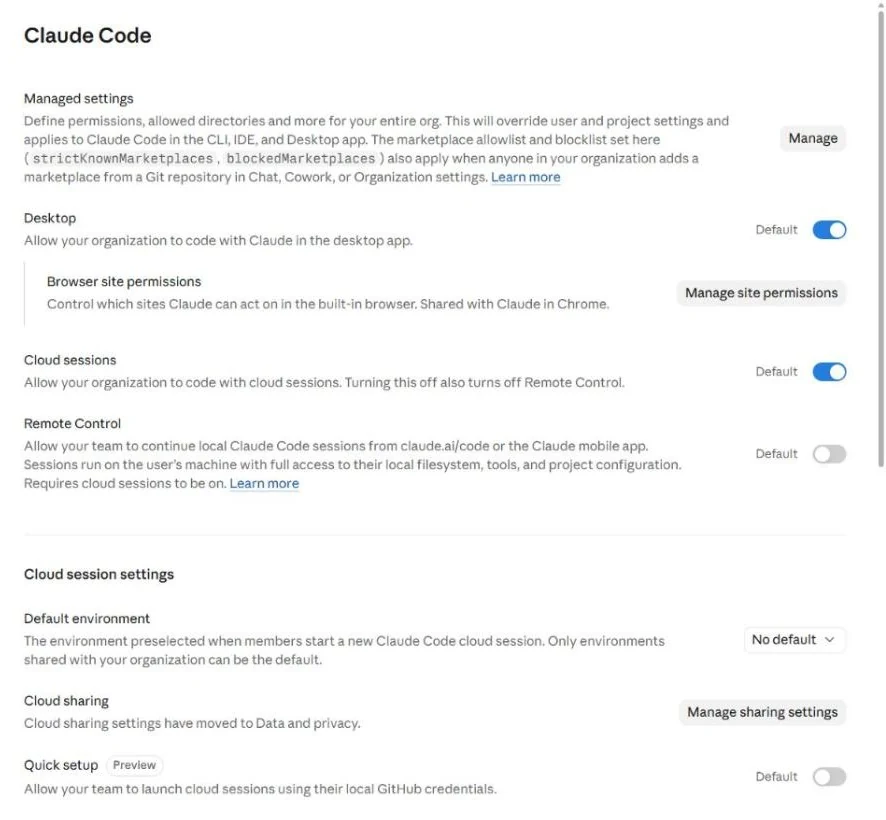 Claude Code admin settings: managed settings, desktop, cloud sessions, Remote Control, cloud session settings and fast mode.