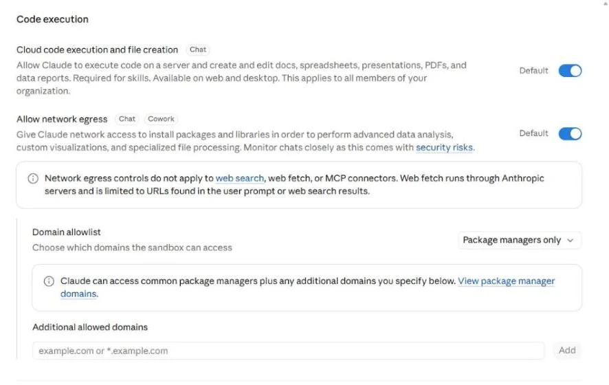Code execution and remote session settings: network egress, domain allowlist, computer access, trusted devices and routines.
