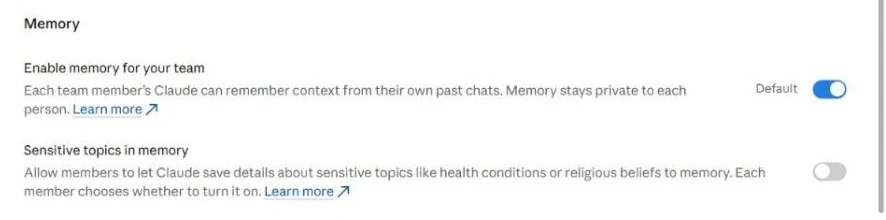 Memory settings: enable memory for your team, and sensitive topics in memory.