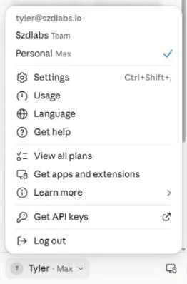 Claude's account menu with the personal Max account checked: settings, usage, language, help and plans.