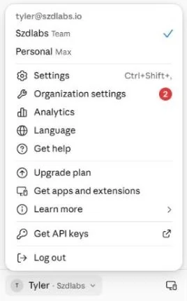 The same account menu with the Szdlabs Team account checked, showing Organization settings and Analytics entries.
