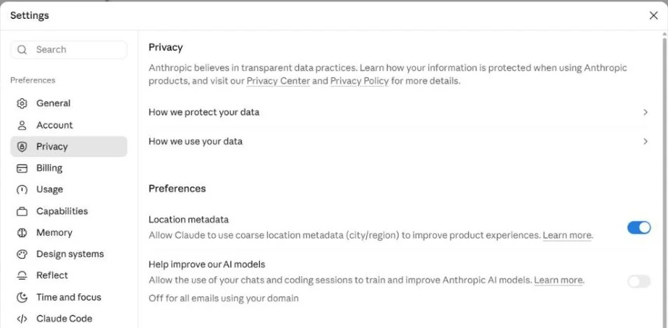 Personal account privacy settings. The Help improve our AI models switch is off, with the note Off for all emails using your domain.