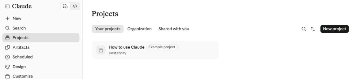 Claude's Projects page in the Team account, with tabs for Your projects, Organization and Shared with you.