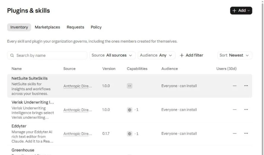 Plugins and skills inventory listing directory skills with source, version and audience.