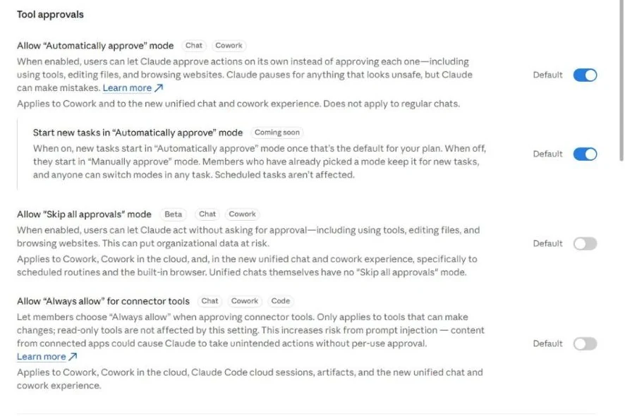 Tool approval settings: automatically approve mode on, skip all approvals off, always allow for connector tools off.