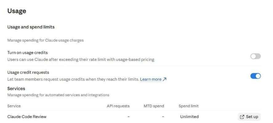 Team usage settings: turn on usage credits, usage credit requests, and service spend limits.