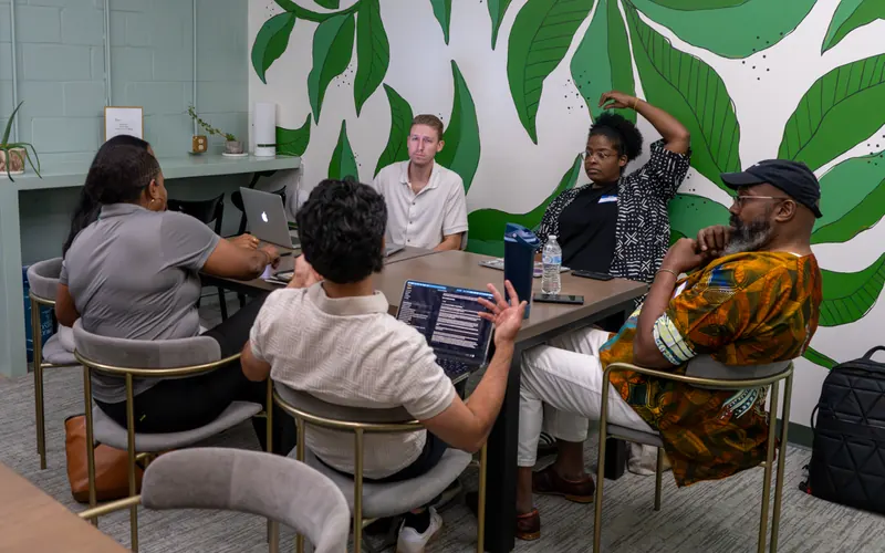 A team of six around a table in a room with a large leaf mural, talking through their idea.