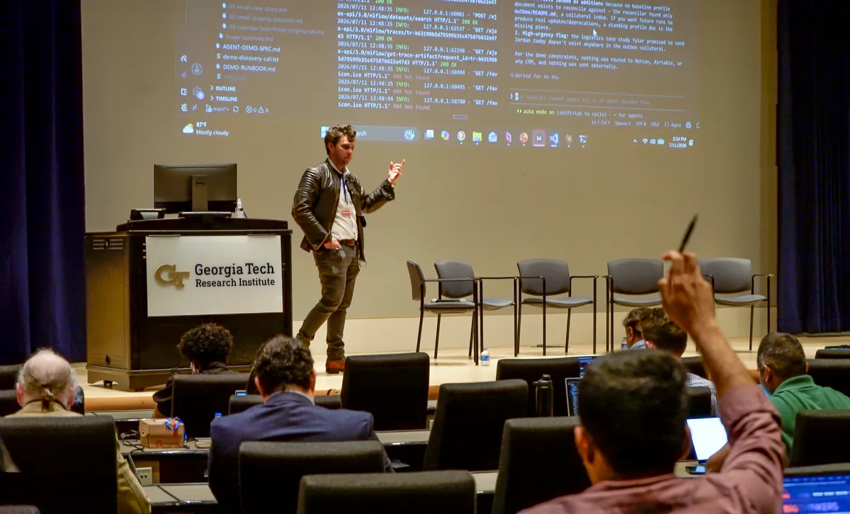 Tyler Sztuka presenting an agentic AI demo at Georgia Tech Research Institute